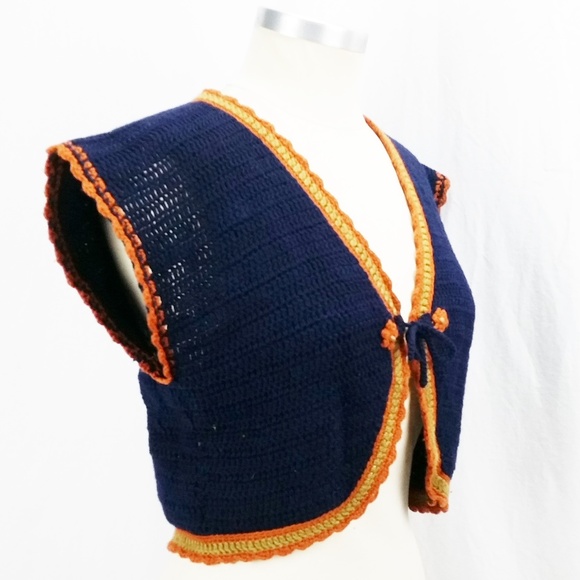Vintage Tops - Vintage Knit Vest 70s Navy Wool Crochet Festival
